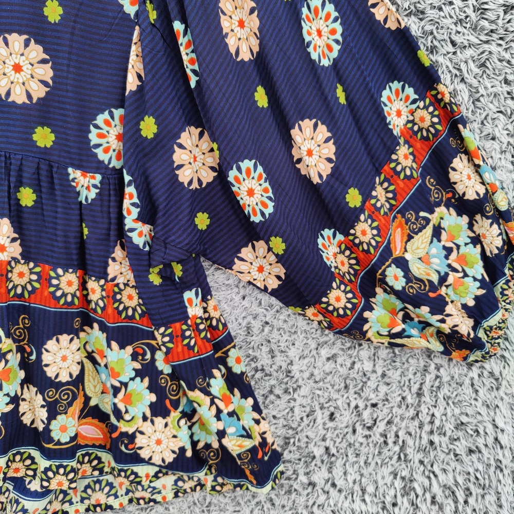 Orientique Womens Boho Floral Pintuck Peasant Blouse Large Navy Blue Wide Sleeve - Picture 13 of 16